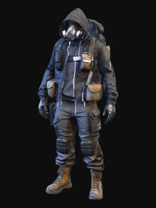 3D model for Full-body urban scavenger/explorer, realistic proportions, dark layered streetwear: armored hoodie, padded jacket, slim cargo pants, kneepads, high-top boots. Chest rig with pouches, lockpicks, flashlight, small crowbar, zip ties. Half-mask respirator, scratched tactical goggles, earbuds radio wire. Textures: concrete dust, rain stains, paint scrapes, frayed seams. Subtle scars, tired look. Neutral pose, clean topology, PBR, game-ready.