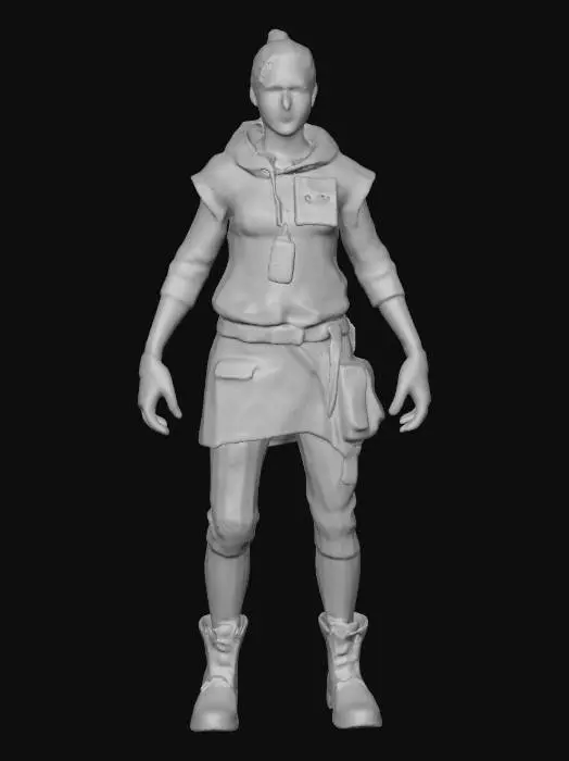 3D model for Full-body, realistic proportions, athletic frame. Hair tied back with a cloth strip, smudged face, focused eyes. Wears a patched long-sleeve under a cut-off rain poncho, light armor plates made from bent street signs on shoulders and forearms. Utility skirt-over-pants look: shorts layered over leggings for mobility, sturdy boots, elbow wraps. Chest rig with faded medical symbols, pockets packed with bandages, syringes, and scavenged antiseptic bottles. Small radio clipped to strap, gloves with taped knuckles.