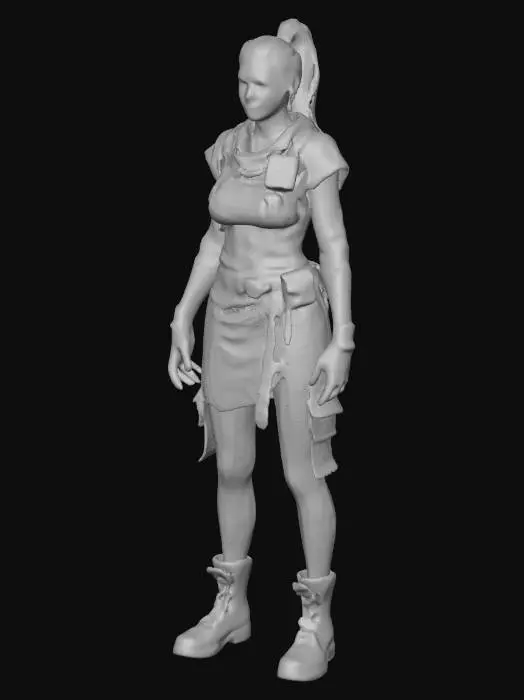 3D model for Full-body, realistic proportions, athletic frame. Hair tied back with a cloth strip, smudged face, focused eyes. Wears a patched long-sleeve under a cut-off rain poncho, light armor plates made from bent street signs on shoulders and forearms. Utility skirt-over-pants look: shorts layered over leggings for mobility, sturdy boots, elbow wraps. Chest rig with faded medical symbols, pockets packed with bandages, syringes, and scavenged antiseptic bottles. Small radio clipped to strap, gloves with taped knuckles.