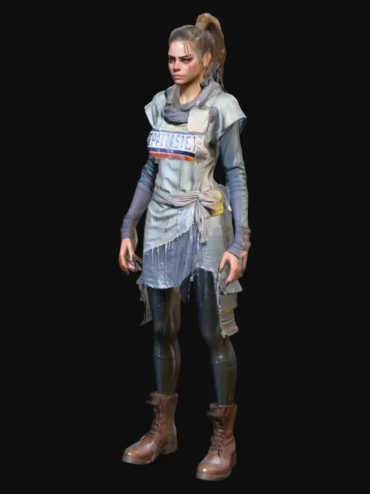 3D model for Full-body, realistic proportions, athletic frame. Hair tied back with a cloth strip, smudged face, focused eyes. Wears a patched long-sleeve under a cut-off rain poncho, light armor plates made from bent street signs on shoulders and forearms. Utility skirt-over-pants look: shorts layered over leggings for mobility, sturdy boots, elbow wraps. Chest rig with faded medical symbols, pockets packed with bandages, syringes, and scavenged antiseptic bottles. Small radio clipped to strap, gloves with taped knuckles.