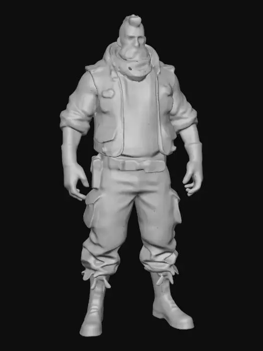 3D model for Full-body, realistic proportions, broad shoulders, thick forearms. Head: shaved sides with messy top, dusty beard, scar across left eyebrow. Clothing layers (top to bottom): dark gray long-sleeve thermal (tight), over it a brown canvas work vest with 8 visible pockets (4 front-left, 4 front-right), then a cut-off sleeveless leather jacket (black, cracked). Neck: tan wrapped scarf with frayed ends. Arms: left forearm has a metal pipe bracer strapped with two leather belts, right forearm has wrapped cloth bandages. Hands: black fingerless gloves. Waist: thick utility belt with metal buckle, canteen on right hip, small hammer on left hip. Legs: olive cargo pants, right knee has a single hard knee pad, left knee has no pad. Footwear: black combat boots