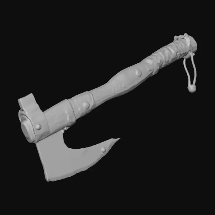 3D model for Post-apocalyptic scrap machete, full weapon, forged from a leaf spring, thick chipped blade with uneven grind, hammered texture, rust specks, sharpened edge. Handle wrapped in dirty cloth tape over cracked wood, metal pommel cap, improvised finger guard from bent rebar. Small rivets, dents, blood-dark stains, grime in creases. PBR metal/roughness, realistic wear, game-ready, centered, neutral background.