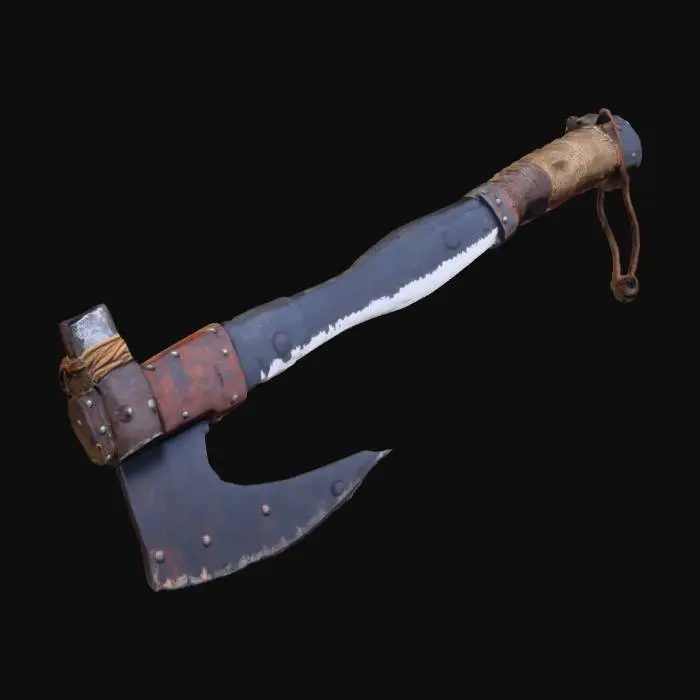 3D model for Post-apocalyptic scrap machete, full weapon, forged from a leaf spring, thick chipped blade with uneven grind, hammered texture, rust specks, sharpened edge. Handle wrapped in dirty cloth tape over cracked wood, metal pommel cap, improvised finger guard from bent rebar. Small rivets, dents, blood-dark stains, grime in creases. PBR metal/roughness, realistic wear, game-ready, centered, neutral background.