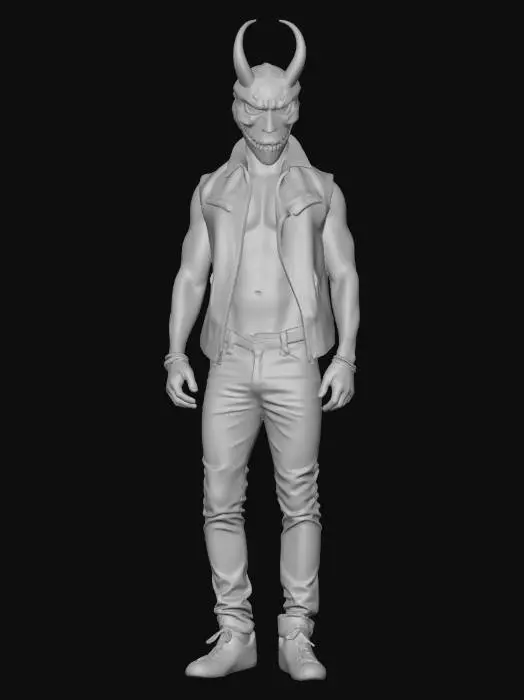 3D model for a man with a red alex the terrible mask with glowing red eyes wearing a black leather vest without a shirt under and black jeans with white converse shoes on he has his right arm is blacked out from a tattoo and he has another black tattoo on his chest and stomach and his left arm has a few black tattoo's as well