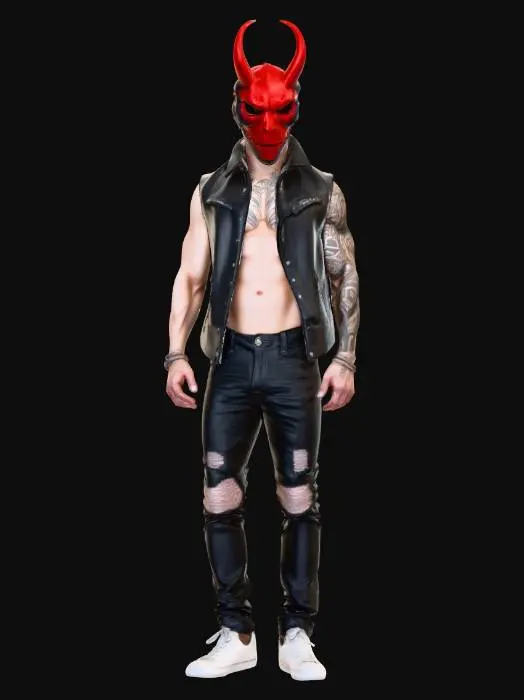 3D model for a man with a red alex the terrible mask with glowing red eyes wearing a black leather vest without a shirt under and black jeans with white converse shoes on he has his right arm is blacked out from a tattoo and he has another black tattoo on his chest and stomach and his left arm has a few black tattoo's as well