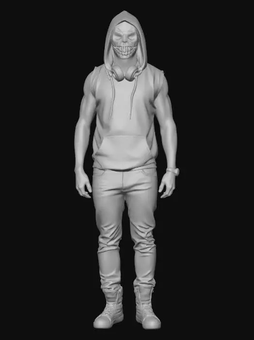 3D model for a dj standing there wearing a mask to cover their face thats black and has a wide smile with missing teeth also the mask should show some resemblance to the decay of a zombie the dj has gold headphones around their neck and tattoos on their arms he is wearing a sleeveless hoodie thats black and red with black jeans and red high top shoes