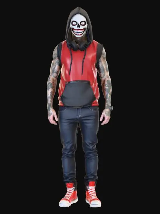 3D model for a dj standing there wearing a mask to cover their face thats black and has a wide smile with missing teeth also the mask should show some resemblance to the decay of a zombie the dj has gold headphones around their neck and tattoos on their arms he is wearing a sleeveless hoodie thats black and red with black jeans and red high top shoes