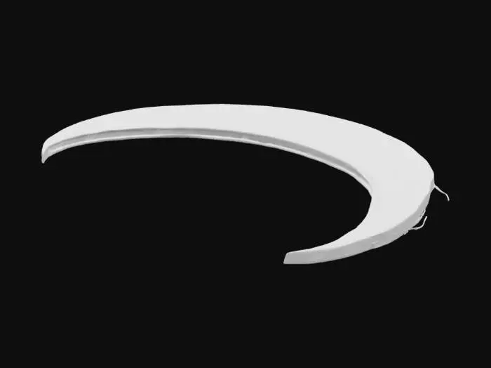 3D model for 역동적으로 회전하는 초승달 모양의 에너지 파동입니다. 밝은 청백색 빛이 궤적을 그리며 뻗어 나가고, 전체적으로 매끄럽고 발광하는 표면과 거칠게 찢어지는 듯한 질감이 공존하며, 무형의 에너지로 이루어져 빠르고 강렬한 움직임을 표현합니다. 차갑고 예리한 기운을 발산하는 듯한 모습입니다.3D 탄막 게임에서 사용 되는 에너지탄입니다. 두깨가 어느정도 있습니다.