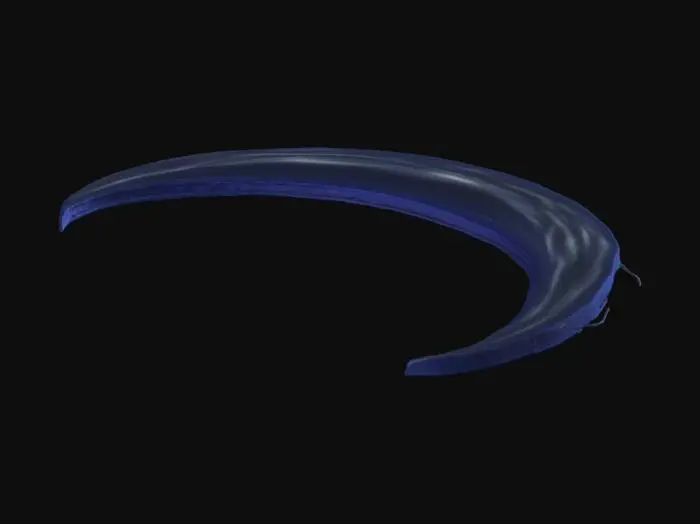 3D model for 역동적으로 회전하는 초승달 모양의 에너지 파동입니다. 밝은 청백색 빛이 궤적을 그리며 뻗어 나가고, 전체적으로 매끄럽고 발광하는 표면과 거칠게 찢어지는 듯한 질감이 공존하며, 무형의 에너지로 이루어져 빠르고 강렬한 움직임을 표현합니다. 차갑고 예리한 기운을 발산하는 듯한 모습입니다.3D 탄막 게임에서 사용 되는 에너지탄입니다. 두깨가 어느정도 있습니다.