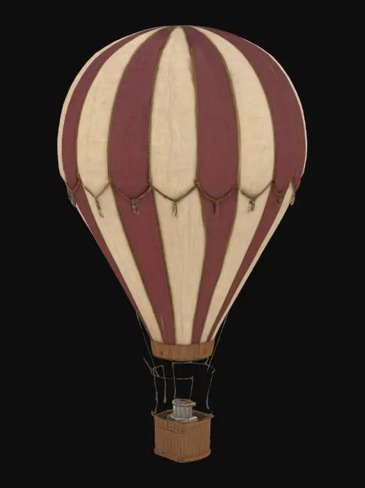 3D model for A 19th- to early 20th-century hot air balloon: a realistic PBR model featuring a vintage wicker basket with intricate wood bindings, brass valves, and sandbag ballast. The canvas envelope shows a period-accurate cream and burgundy striped pattern, with high-resolution textures emphasizing weathered metal and faded fabric. Render under soft, warm sunlight with subtle shadows, on a transparent background for compositing. clean AR-ready topology. Negative: no modern logos, no low-poly simplification, no cartoon proportions.