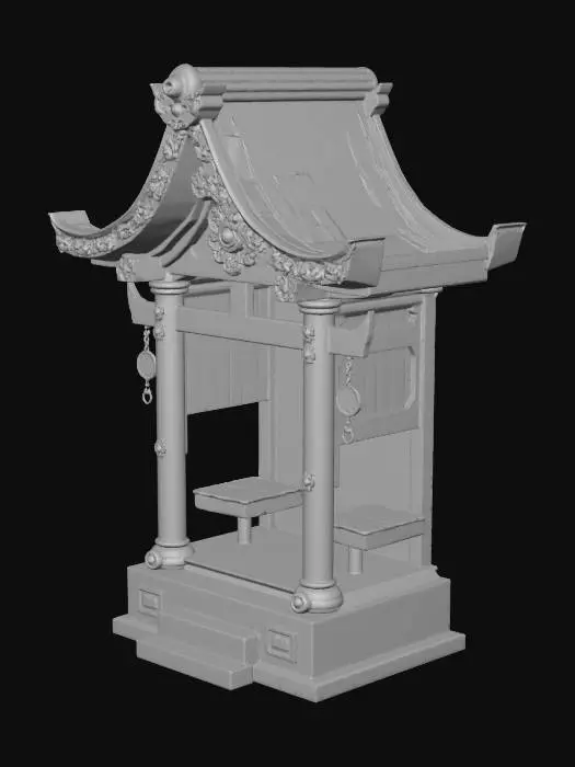 3D model for a shrine to a kitsune deity. the shrine is made of wood, with a smooth sanded finish.  there is a wooden tori gate style arch above it