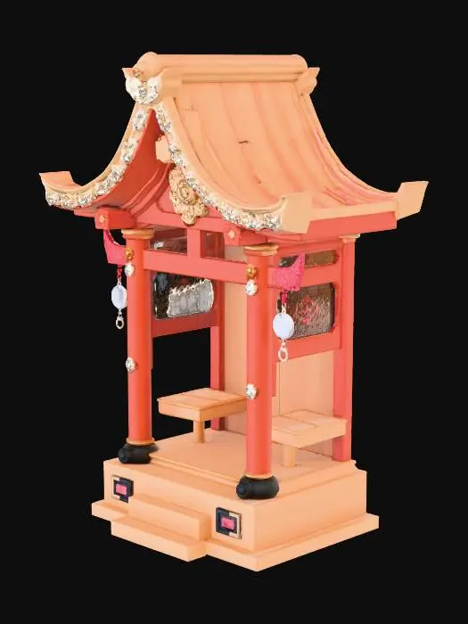3D model for a shrine to a kitsune deity. the shrine is made of wood, with a smooth sanded finish.  there is a wooden tori gate style arch above it