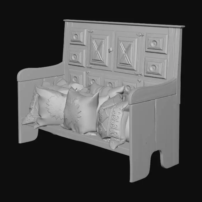 3D model for Typical seat from sardinia with Rustic Cushion Arrangement, the back of the wooden seat is flat