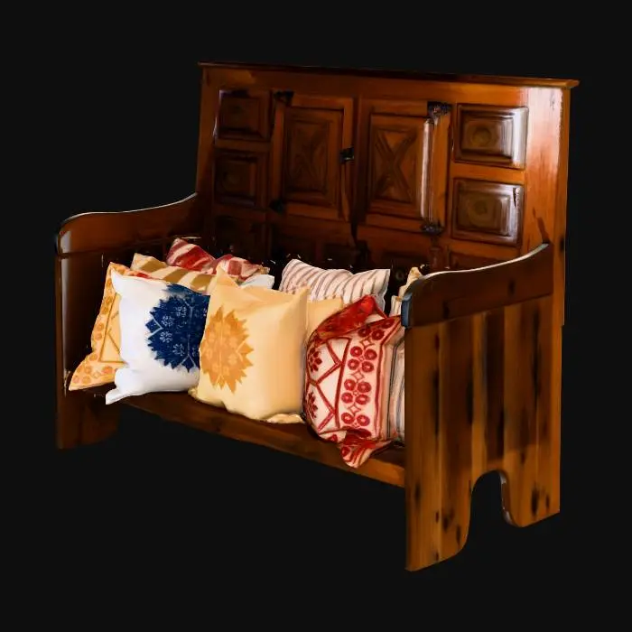 3D model for Typical seat from sardinia with Rustic Cushion Arrangement, the back of the wooden seat is flat