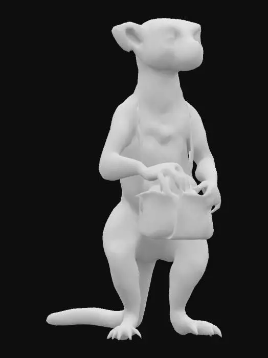 3D model for A 3D model of a realistic ring-tailed lemur standing upright on two legs, anthropomorphic style, with a cartoonish twist. It has a small fabric bag slung over its shoulder filled with tropical fruits (bananas, mangoes). The lemur has expressive eyes, fluffy fur texture, and a slightly stylized body proportions suitable for a video game character. The pose is friendly and dynamic, as if ready to walk. High-quality PBR materials, game-ready topology, 4K textures