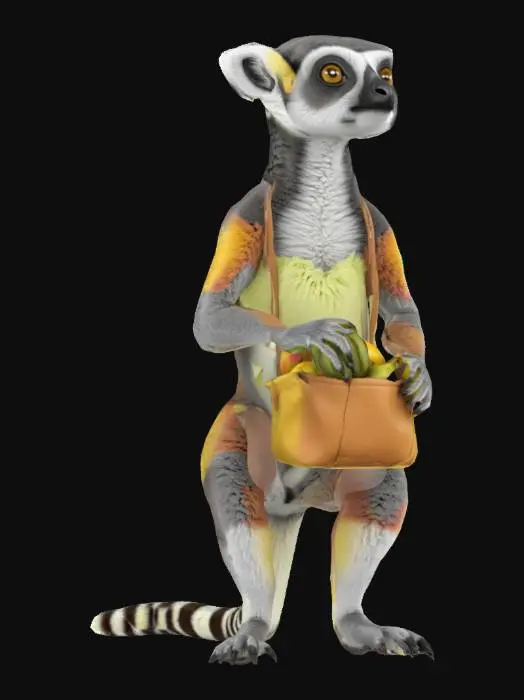 3D model for A 3D model of a realistic ring-tailed lemur standing upright on two legs, anthropomorphic style, with a cartoonish twist. It has a small fabric bag slung over its shoulder filled with tropical fruits (bananas, mangoes). The lemur has expressive eyes, fluffy fur texture, and a slightly stylized body proportions suitable for a video game character. The pose is friendly and dynamic, as if ready to walk. High-quality PBR materials, game-ready topology, 4K textures