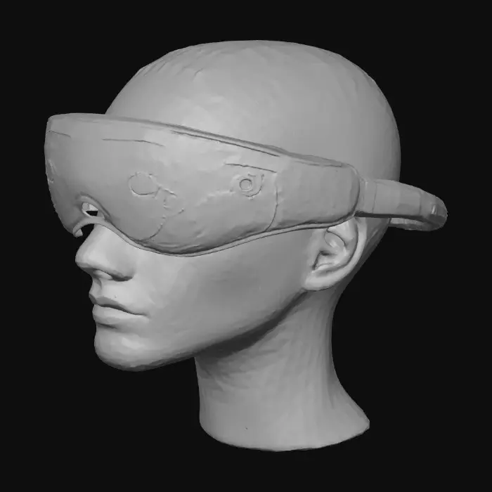 3D model for Close-up, high-detail product shot of a high-tech dream recording device in the form of a frontal headband. The design is elegant and ergonomic, blending iridescent carbon fiber with translucent biocompatible silicone on the inner side. Thin holographic micro-projectors are embedded along the arc, emitting a faint, ethereal glow. The device rests on a clean, neutral background. Dramatic lighting accentuates its contours and the texture of the materials. No human elements, focus solely on the object. Photorealistic, cinematic quality, inspired by industrial design from Syd Mead.