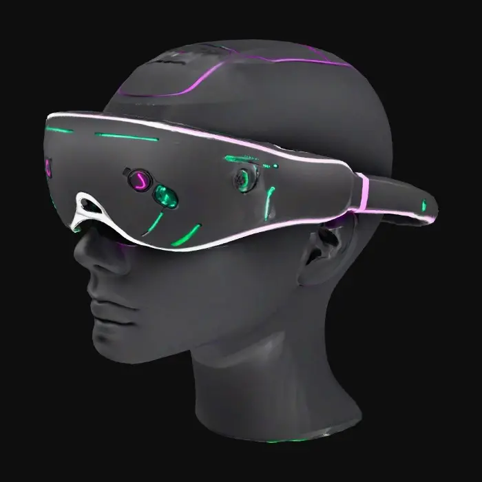 3D model for Close-up, high-detail product shot of a high-tech dream recording device in the form of a frontal headband. The design is elegant and ergonomic, blending iridescent carbon fiber with translucent biocompatible silicone on the inner side. Thin holographic micro-projectors are embedded along the arc, emitting a faint, ethereal glow. The device rests on a clean, neutral background. Dramatic lighting accentuates its contours and the texture of the materials. No human elements, focus solely on the object. Photorealistic, cinematic quality, inspired by industrial design from Syd Mead.