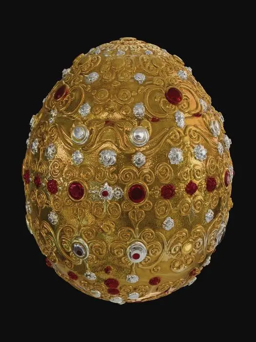 3D model for Let's have there be this giant elaborately designed golden eggs thats adorned with precious gems like diamonds, and rubies. There are lots of rabbits in this temple as they stare upon the Egg Deity in the shrine.