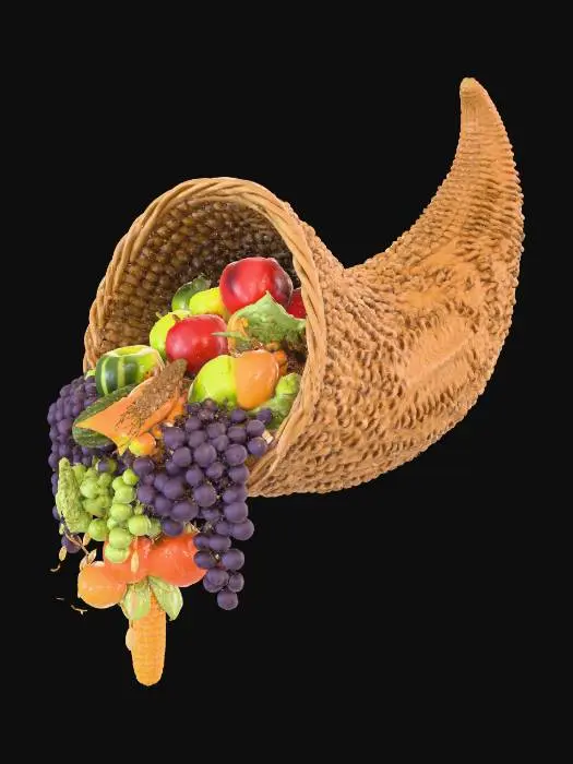 3D model for Originating from Latin “cornu” (horn) and “copia” (plenty), the cornucopia is often called the “horn of plenty.” Rooted in ancient Greek and Roman mythology, it’s depicted as a curved horn overflowing with produce and grains, symbolizing abundance and nourishment., #Thanksgiving#