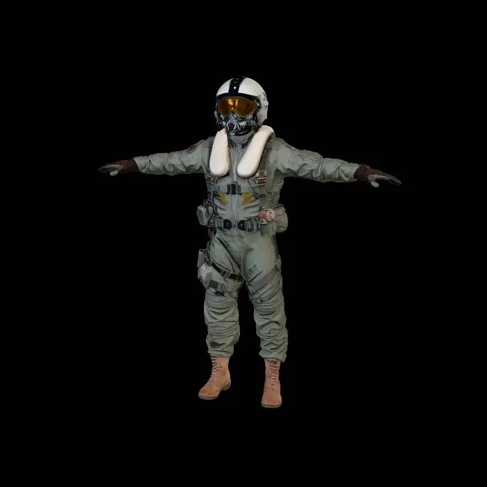 3D model for 현대 전투기 파일럿, 정면 T포즈, 양팔을 수평으로 완전히 펼친 자세
회색 파일럿 점프수트 착용, 사실적인 주름과 재질 표현
흰색 파일럿 헬멧과 황금빛 바이저 고글,마스크 착용
목에는 두꺼운 생존용 플로팅 칼라(구명 칼라)
가슴과 허리에 다양한 전술 파우치와 생존 장비 부착
검은 장갑 착용
베이지색 군용 전투화 착용
현실적인 인체 비율, 군용 장비 디테일, 하드서피스 느낌
전신 풀샷, 흰색 배경,포토리얼