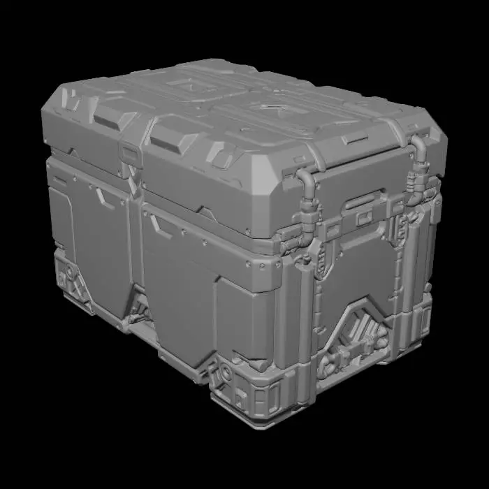 3D model for sci fi 정비 박스,빈티지 느낌의 텍스처,파란색 라인 마킹,경고 로고