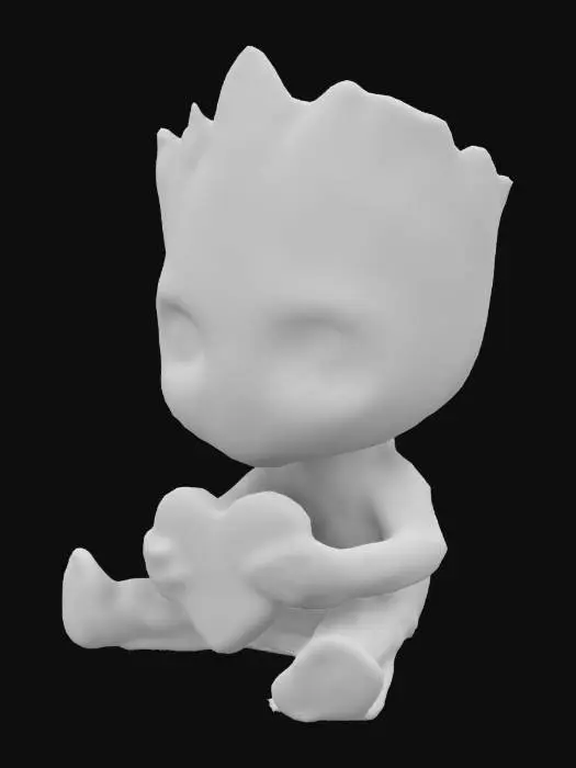 3D model for erstelle mir einen baby groot im sitzen, der ein Valentinstagsherz in seinen armen hält
