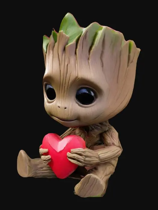3D model for erstelle mir einen baby groot im sitzen, der ein Valentinstagsherz in seinen armen hält
