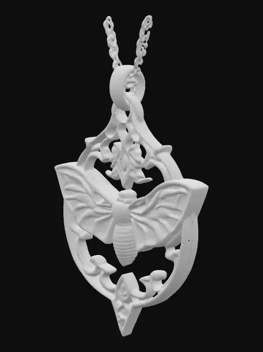 3D model for make a beautiful symmetrical celtic elven necklace pendant without a bust or chain, with an open sugarpine pinecone and a luna moth with open filagree wings as the centerpiece
