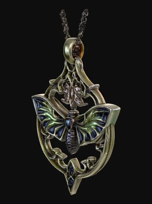 3D model for make a beautiful symmetrical celtic elven necklace pendant without a bust or chain, with an open sugarpine pinecone and a luna moth with open filagree wings as the centerpiece