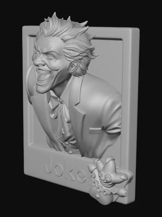 3D model for 一个立体的拍立得相纸，相纸中的人物是在相纸外面的立体的！！风格是拍立得的风格，人物是拍摄的哥谭市的小丑，哥谭小丑是具有浓重哥谭风格的类型，动作是在狂笑，玩偶，相纸下方有joker的英文字母，注意！！！整个画面的颜色为4种颜色！！！，只有4种颜色！！！相纸的比例为3:4，相纸具有一定的厚度，相纸的颜色为白色