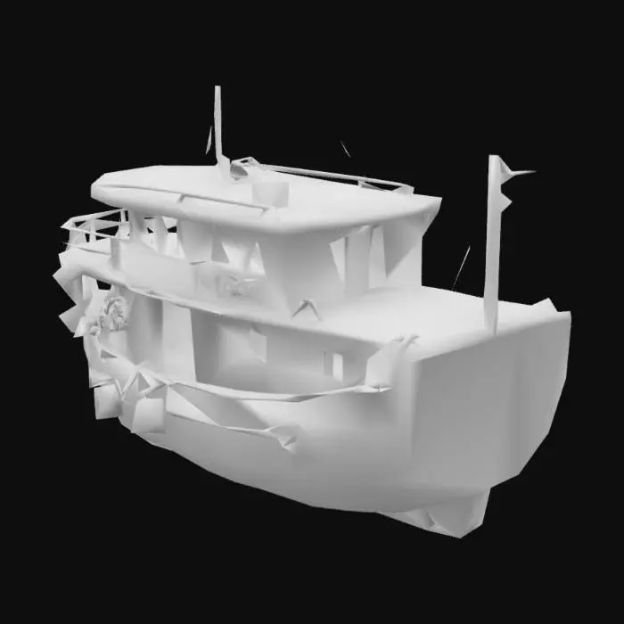 3D model for I would like to generate an ship, with a metal hull and rusted iut cab,  I want the ship to look old and rusted, and can it be a towing ship/fishing ship as well? Add some graffiti