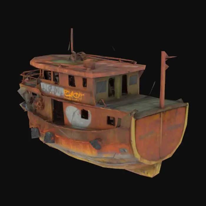 3D model for I would like to generate an ship, with a metal hull and rusted iut cab,  I want the ship to look old and rusted, and can it be a towing ship/fishing ship as well? Add some graffiti