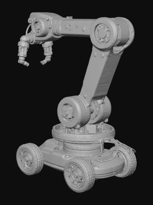 3D model for Create a realistic 3D model of a robotic arm mounted on a mobile base. The arm should have multiple joints and a claw-like gripper at the end. The base should have wheels or treads that allow it to move around, with visible motors or gears for realism. Include wiring and a small control box on the base to suggest remote or AI control. The overall design should look functional, compact, and slightly industrial, with clean mechanical details and realistic materials like metal, plastic, and rubber.