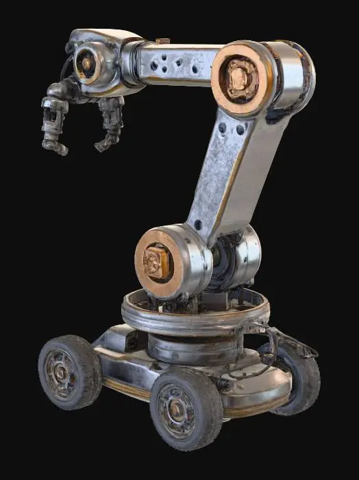 3D model for Create a realistic 3D model of a robotic arm mounted on a mobile base. The arm should have multiple joints and a claw-like gripper at the end. The base should have wheels or treads that allow it to move around, with visible motors or gears for realism. Include wiring and a small control box on the base to suggest remote or AI control. The overall design should look functional, compact, and slightly industrial, with clean mechanical details and realistic materials like metal, plastic, and rubber.