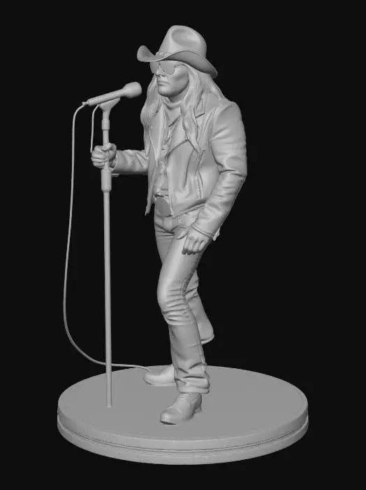 3D model for High-detail 3D digital sculpture of Axl Rose circa 1987, full body pose holding a vintage microphone stand. He is wearing his signature bandana under a leather cowboy hat, mirrored aviator sunglasses, a leather biker jacket with silver studs, and tight ripped jeans with a western belt. Hyper-realistic facial features, long flowing hair texture. Designed as a high-end resin collectible statue. Anatomically correct, sharp details for 4K resin printing, clean topology, smooth surfaces, standing on a simple circular stage base. 8k resolution, cinematic lighting, ZBrush style.