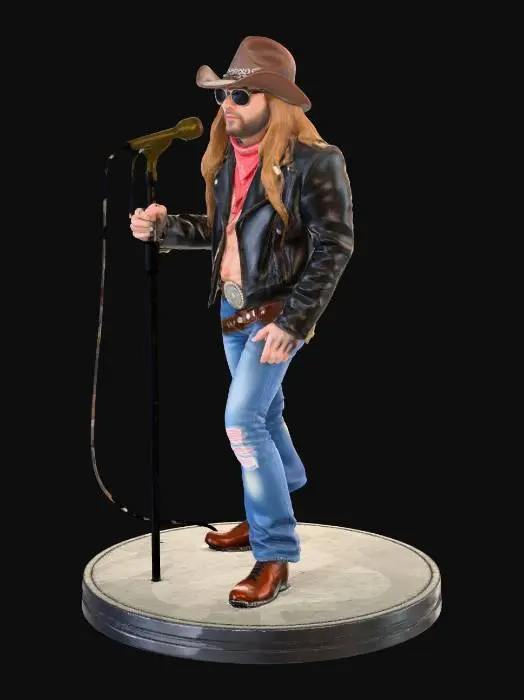 3D model for High-detail 3D digital sculpture of Axl Rose circa 1987, full body pose holding a vintage microphone stand. He is wearing his signature bandana under a leather cowboy hat, mirrored aviator sunglasses, a leather biker jacket with silver studs, and tight ripped jeans with a western belt. Hyper-realistic facial features, long flowing hair texture. Designed as a high-end resin collectible statue. Anatomically correct, sharp details for 4K resin printing, clean topology, smooth surfaces, standing on a simple circular stage base. 8k resolution, cinematic lighting, ZBrush style.