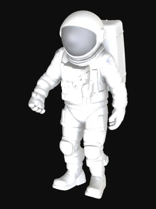 3D model for A minimalistic 3D model of a standing astronaut figurine, optimized for 3D printing. The figure stands upright, arms close to its cylindrical body, with legs slightly apart for a stable, flat base. Its smooth, low-poly surface suggests a clean, stylized aesthetic, devoid of intricate textures. The helmet features a simple, flat faceplate, and a small, integrated backpack sits flush on its back. The overall form is solid and robust, designed as a single, support-free piece, likely in a matte white or light gray plastic.