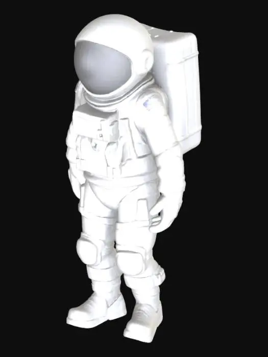3D model for A minimalistic 3D model of a standing astronaut figurine, optimized for 3D printing. The figure stands upright, arms close to its cylindrical body, with legs slightly apart for a stable, flat base. Its smooth, low-poly surface suggests a clean, stylized aesthetic, devoid of intricate textures. The helmet features a simple, flat faceplate, and a small, integrated backpack sits flush on its back. The overall form is solid and robust, designed as a single, support-free piece, likely in a matte white or light gray plastic.