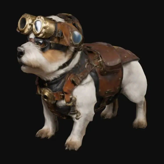 3D model for A loyal steampunk dog, resembling a medium-sized terrier with a sturdy build. Wears a leather harness with small pouches and brass buckles. Has a pair of custom-made goggles resting on its forehead. A small mechanical device is attached to the harness,. The fur is slightly rugged, showing signs of a streetwise survivor. The dog has an intelligent and alert expression, ears perked up as if listening carefully. Steampunk aesthetic, detailed textures, A-Pose animal, game-ready, animatable.