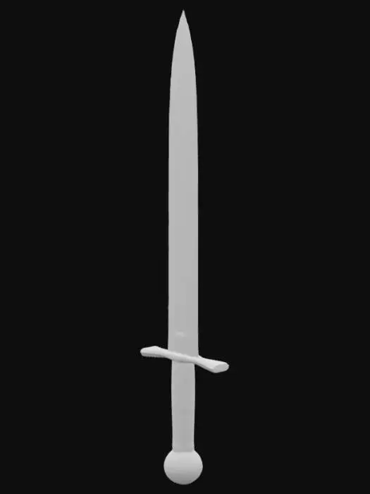 3D model for The sword has a straight, double-edged blade that slightly tapers to a point. It's not too wide, built for basic combat. The crossguard is a simple straight bar, nothing decorative. The grip is short, wrapped in worn leather, and ends with a round metal pommel. The blade and guard are dull gray steel with scratches and a rough-forged look—used, but still strong. Nothing shiny or polished, just a reliable, rugged weapon a commoner would carry.