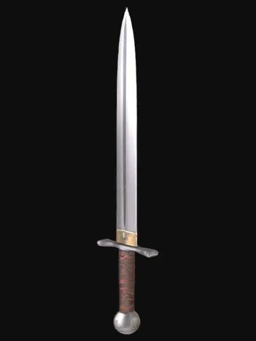 3D model for The sword has a straight, double-edged blade that slightly tapers to a point. It's not too wide, built for basic combat. The crossguard is a simple straight bar, nothing decorative. The grip is short, wrapped in worn leather, and ends with a round metal pommel. The blade and guard are dull gray steel with scratches and a rough-forged look—used, but still strong. Nothing shiny or polished, just a reliable, rugged weapon a commoner would carry.