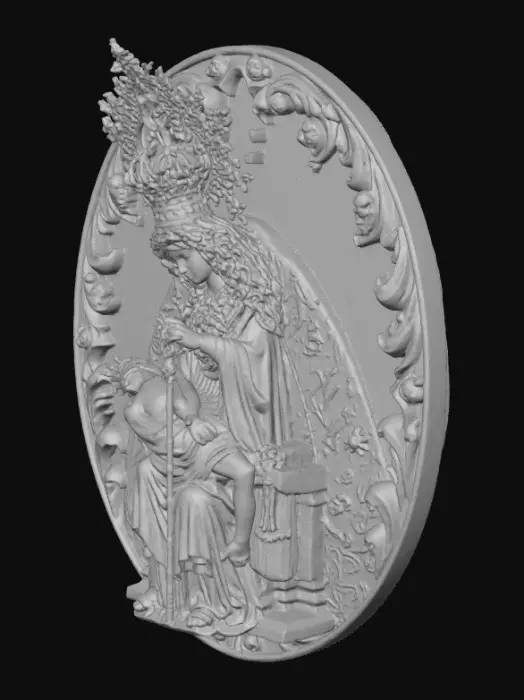 3D model for Virgen de Africa de diametro de 3 cm. tiene que estar bien resaltada con todo detalle  con decoracion barroca en mediorelieve. La imagen de la Virgen los detalle ssigue el estilo del arte sacro andaluz de España .