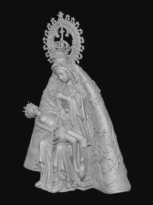 3D model for The Virgin of Africa, patroness of Ceuta, is a Gothic-style Pietà sculpture from the 14th–15th century. Seated on a throne, the Virgin holds the lifeless body of Christ across her lap. Her expression is solemn and tender, with elongated features and a serene, sorrowful gaze. Christ's body shows realistic signs of death, with closed eyes and rigid posture. The Virgin wears heavy robes with angular folds, while Christ is nearly nude, covered only by a loincloth. The wooden sculpture is polychromed and once crowned, often adorned with rich garments during processions. It symbolizes sorrow, maternal love, and devotion, and is venerated as Ceuta's protector.