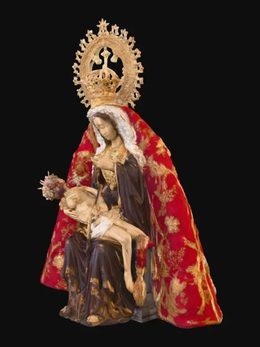 3D model for The Virgin of Africa, patroness of Ceuta, is a Gothic-style Pietà sculpture from the 14th–15th century. Seated on a throne, the Virgin holds the lifeless body of Christ across her lap. Her expression is solemn and tender, with elongated features and a serene, sorrowful gaze. Christ's body shows realistic signs of death, with closed eyes and rigid posture. The Virgin wears heavy robes with angular folds, while Christ is nearly nude, covered only by a loincloth. The wooden sculpture is polychromed and once crowned, often adorned with rich garments during processions. It symbolizes sorrow, maternal love, and devotion, and is venerated as Ceuta's protector.