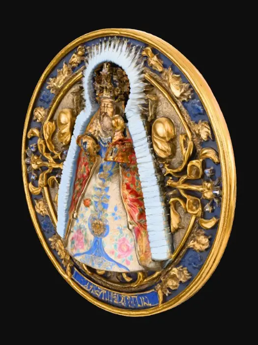 3D model for Virgen de consolacion de utrera. En una mano mano lleva al niño y en la otra el barquito . Medalla totalmente circular de 3 cm d diametro muy barroca. A la Virgen de consolacion se le dice rosa tempranera