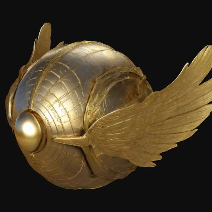 3D model for The object is a ball with wings from the game Quidditch in Harry Potter. a spherical shape with intricate, symmetrical gold metal striations and a shiny, reflective texture, with two prominent wing-like protrusions. , Gold, Highly Detailed, Ultra Realistic