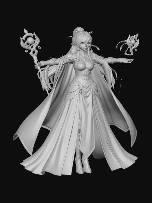 3D model for 清楚ながらもエレガントな印象を与える、アニメキャラクターの3Dモデル描写です。ラベンダー色の髪はふんわりとした質感で、サイドに結われた大きな房には淡い青のリボンがあしらわれています。衣装は、光沢のある黒い生地と、鮮やかな青の布地がコントラストをなすデザインです。特に、胴体の青い部分は金色の刺繍のような編み上げが施されており、袖は肩から手首にかけて深い青へと変化する、豪華な広がりを見せています。黒いタイツと金色のラインが入った靴が全体のバランスを引き締めています。