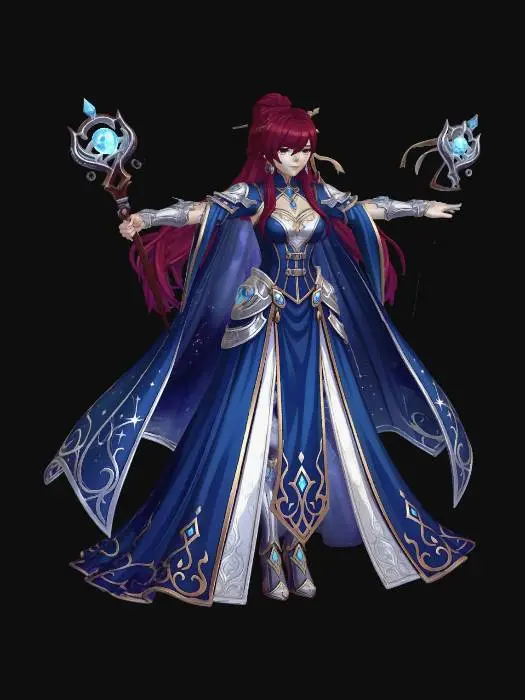 3D model for 清楚ながらもエレガントな印象を与える、アニメキャラクターの3Dモデル描写です。ラベンダー色の髪はふんわりとした質感で、サイドに結われた大きな房には淡い青のリボンがあしらわれています。衣装は、光沢のある黒い生地と、鮮やかな青の布地がコントラストをなすデザインです。特に、胴体の青い部分は金色の刺繍のような編み上げが施されており、袖は肩から手首にかけて深い青へと変化する、豪華な広がりを見せています。黒いタイツと金色のラインが入った靴が全体のバランスを引き締めています。