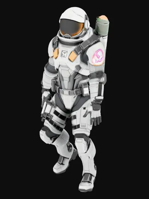 3D model for Realistic sci-fi engineer character in full-body space suit with helmet, gloves, and compact jetpack. Inspired by Space Engineers. Arms fully outstretched in T-pose for rigging. Modular armor, utility belt, reinforced boots. Clean mesh, Unity-ready, optimized for animation.